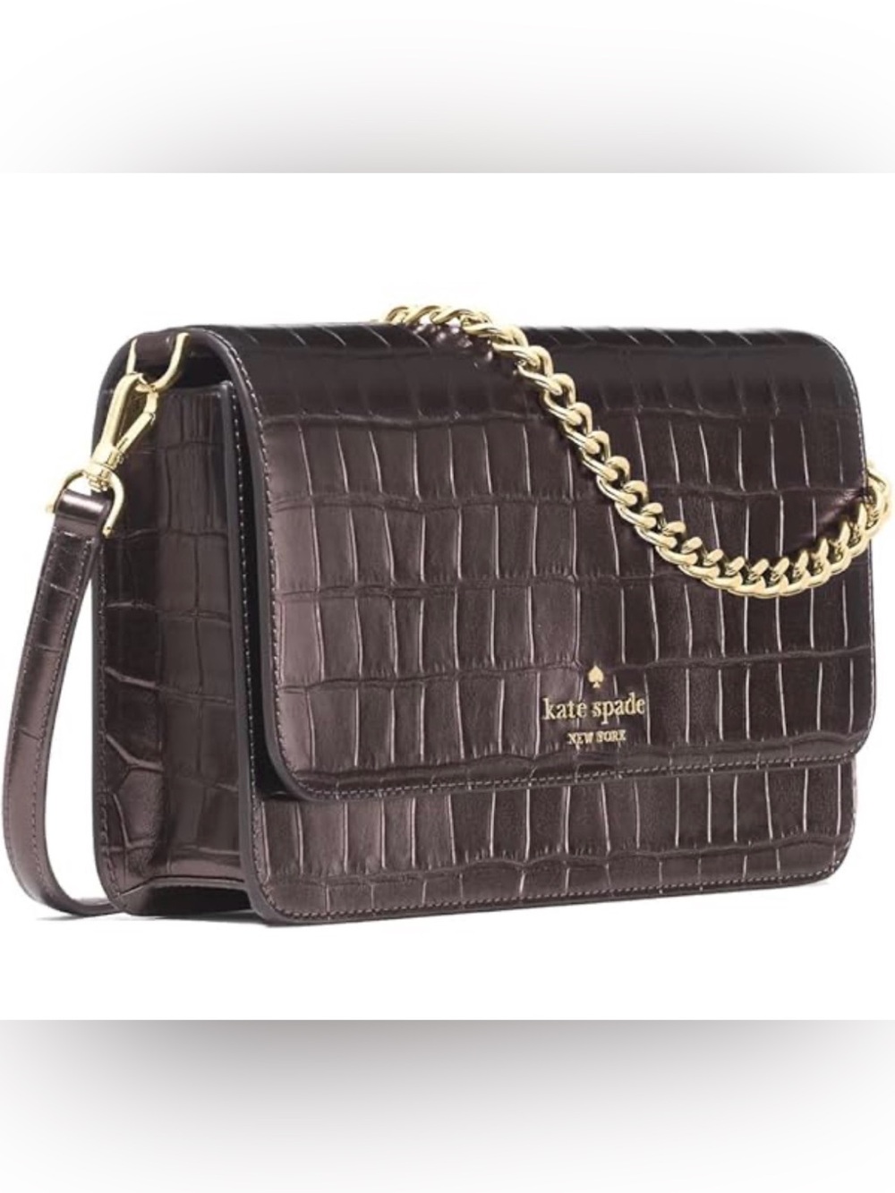 kate spade Croc-Embossed Shoulder Bag in hot fudge with Gold Chain
